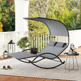 HAPPYGRILL Outdoor Chaise Lounge Rocker, 2-Person Rocking Daybed Sun Lounger with Sun Shade Canopy & Headrest Pillows - Photo 4