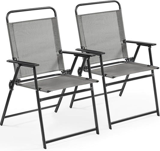 Yaheetech Outdoor Patio Chairs Set of 2, Folding Patio Chairs with Metal Frame, Armrests, Portable Dining Chairs for Camping, Lawn, Garden and Porch, Gray