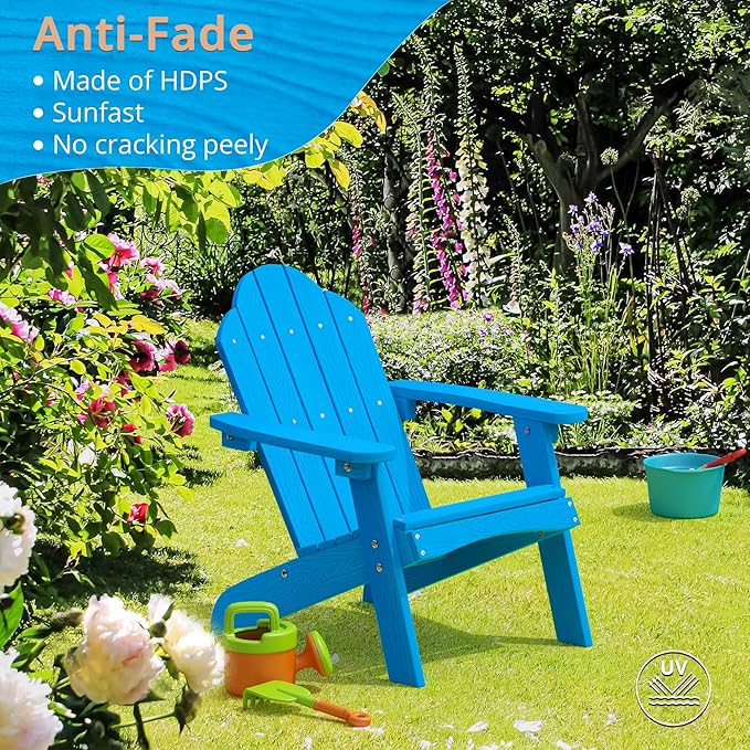LUE BONA Kids Adirondack Chair Set of 4 - Blue Poly Lumber Plastic, Weather Resistant Toddler Outdoor Patio Lounge Chair for Balcony, Backyard