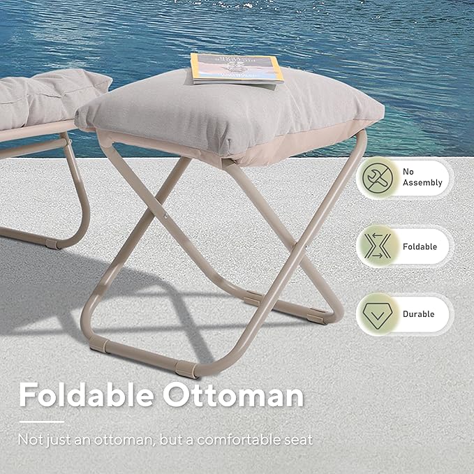Patio Lounge Chair with Ottoman, Indoor Outdoor Comfy Sling Recliner Chair with Cushion - Photo 5