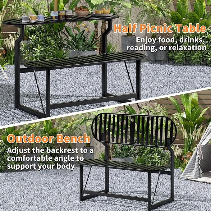 Convertible Bench, 2 in 1 Carbon Steel Picnic Table, Transforming Interchangeable Outdoor Table with Umbrella Hole - Photo 3