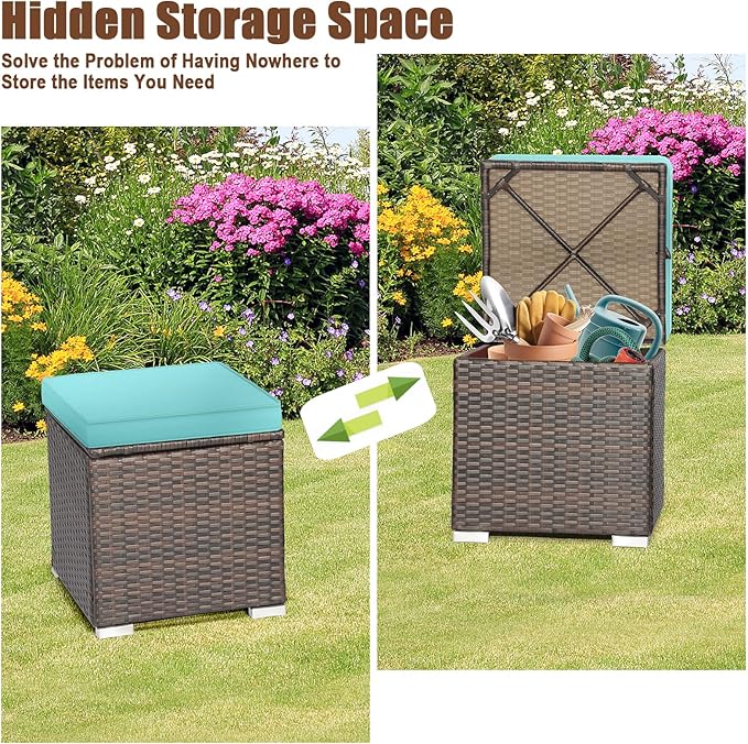 RELAX4LIFE Wicker Outdoor Storage Ottoman, 2-Piece Rattan Footstool w/Removable Cushion - Photo 5