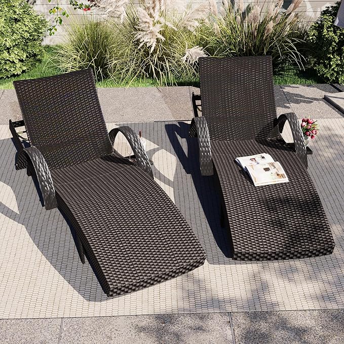 80.3” Outdoor Chaise Lounge, Pool Lounge Chairs Set of 2, Brown Wicker Recliner Chair with Pull-Out Side Table - Photo 4