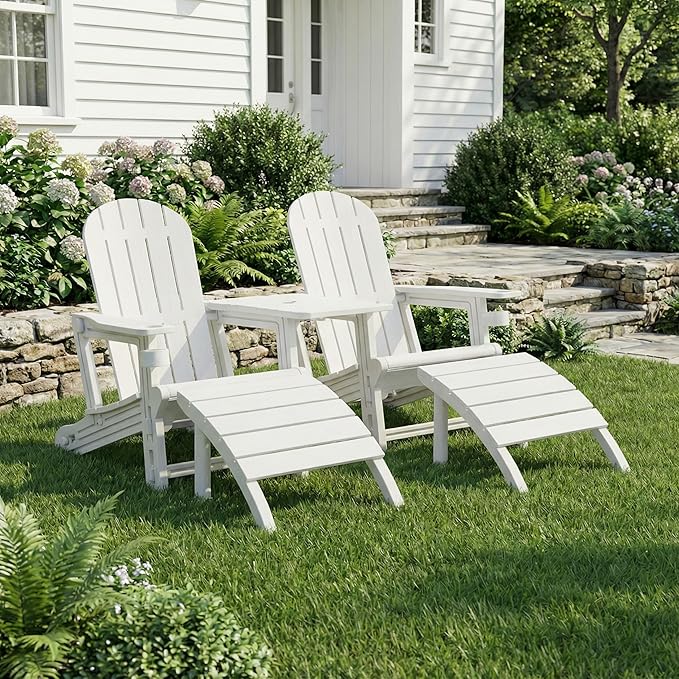Shintenchi Adirondack Chair Set of 2,HDPE Adirondack Chairs with Umbrella Hole Connecting Tray & 2 Curved Ottoman,Plastic Outdoor Chairs with Cup Holders for Garden Backyard Pool,White