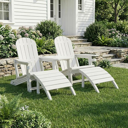 Shintenchi Adirondack Chair Set of 2,HDPE Adirondack Chairs with Umbrella Hole Connecting Tray & 2 Curved Ottoman,Plastic Outdoor Chairs with Cup Holders for Garden Backyard Pool,White