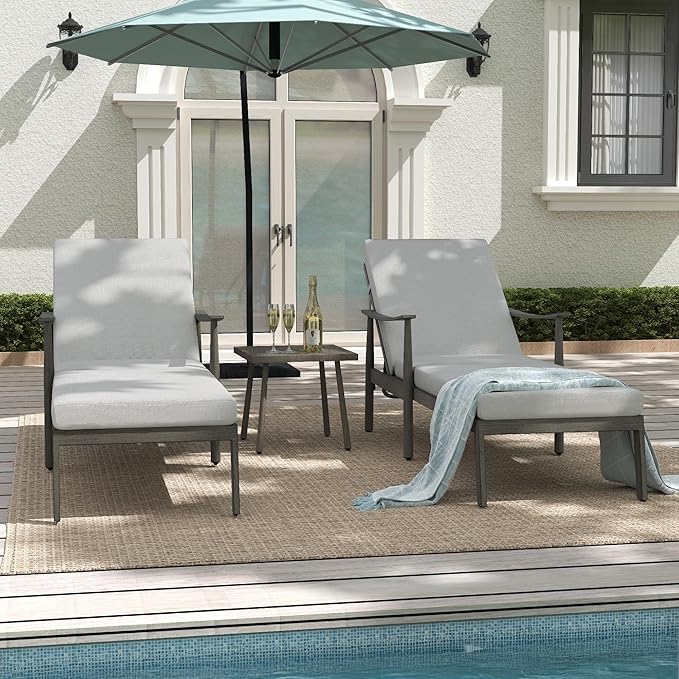 Outdoor Lounge Chair with Armrest, Patio Aluminum Chaise Lounge Set of 3, Adjustable Backrest with Rope Design, Patio Recliner Chairs Cushions for Lawn Pool Beach (Grey)