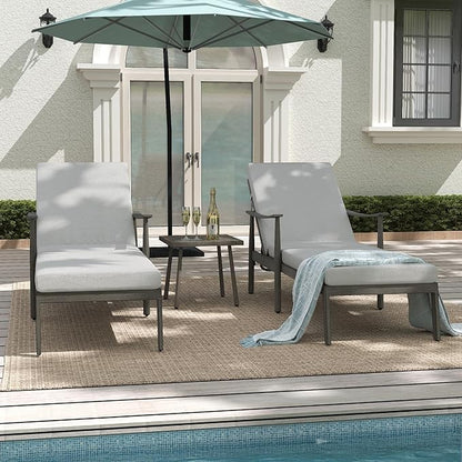 Outdoor Lounge Chair with Armrest, Patio Aluminum Chaise Lounge Set of 3, Adjustable Backrest with Rope Design, Patio Recliner Chairs Cushions for Lawn Pool Beach (Grey)