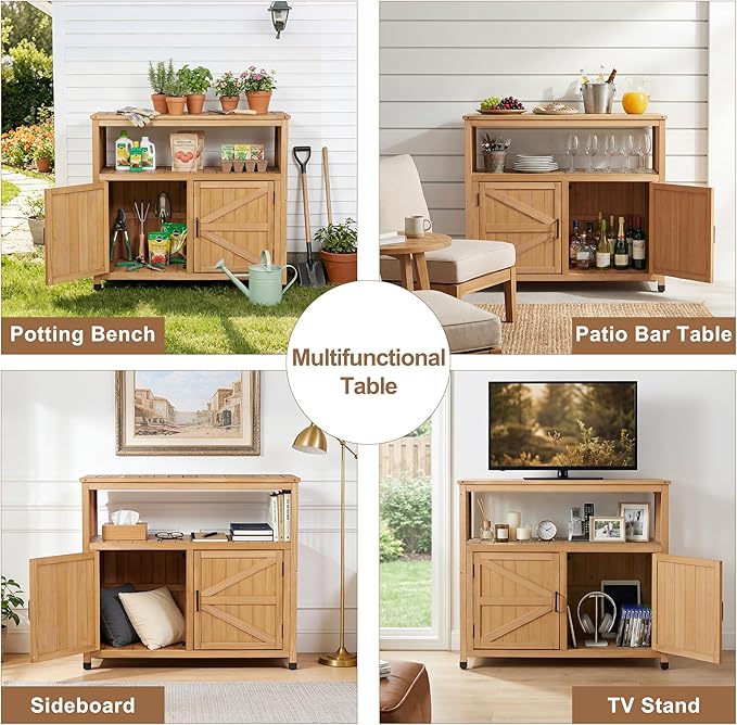 Mederlo Wooden Patio Bar Table Set with Storage, Buffet Cabinet Sideboard for Outdoor and Indoor