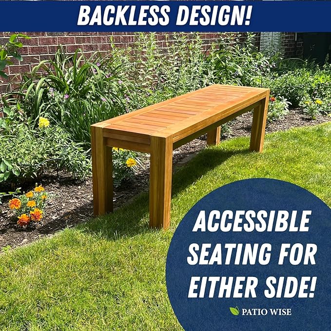 Patio Wise Acacia Wood Traditional Backless Bench, 5-Foot Indoor/Outdoor Wooden Porch, Patio, Garden & Park Seating, 57-Inches Long x 15-Inches Wide x 18-Inches High, Teak Color