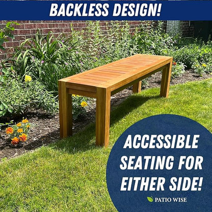 Patio Wise Acacia Wood Traditional Backless Bench, 5-Foot Indoor/Outdoor Wooden Porch, Patio, Garden & Park Seating, 57-Inches Long x 15-Inches Wide x 18-Inches High, Teak Color