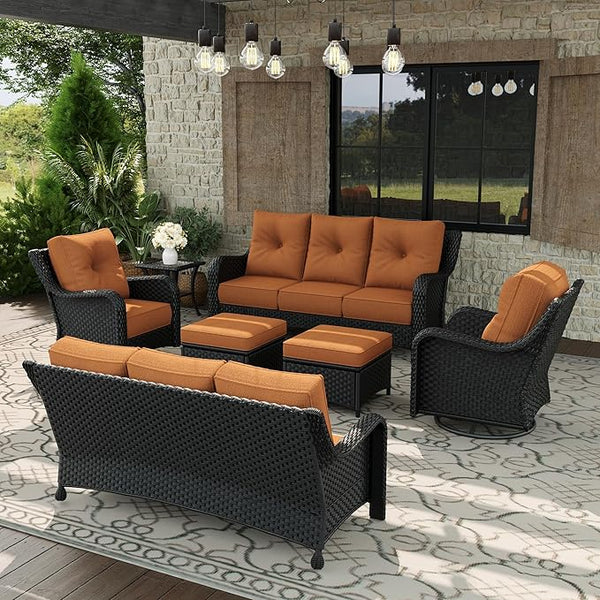7 Piece Patio Furniture Set, All-Weather Wicker Outdoor Conversation Set with Swivel Rocking Chair and 6 Inch Thick - Photo 1