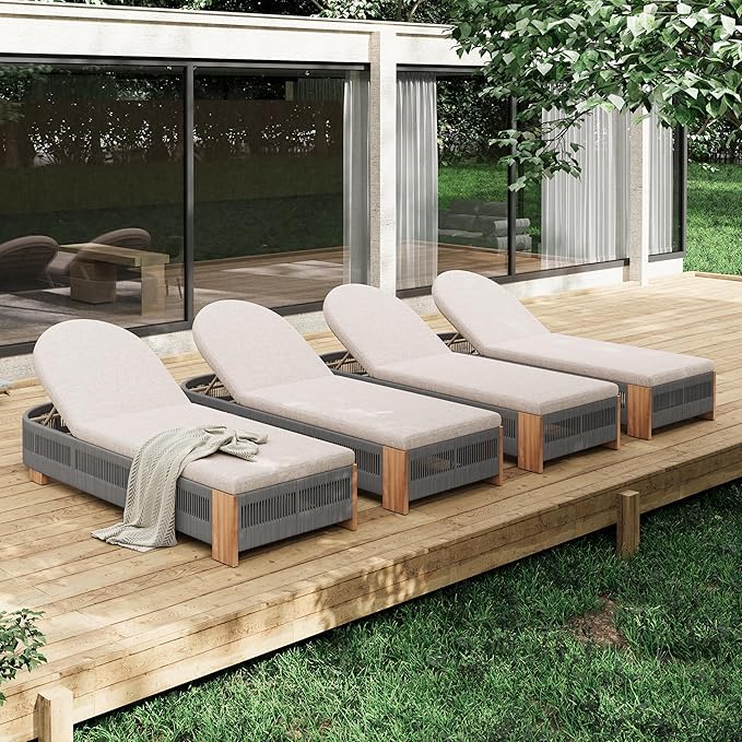 Christopher Knight Home Daskz Outdoor Chaise Lounge Chair Set of 4, Patio Outdoor Acacia Wood Chaise Lounge, Adjustable Backrest Poolside Beach Yard Recliner Chair, Rope Design, 79.5'', Teak+Gray