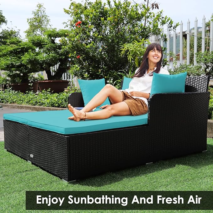 COSTWAY Outdoor Patio Rattan Daybed, Sponge Cushioned Loveseat Sofa with 4 Pillows, Wicker Furniture Sunbed for Balcony - Photo 5