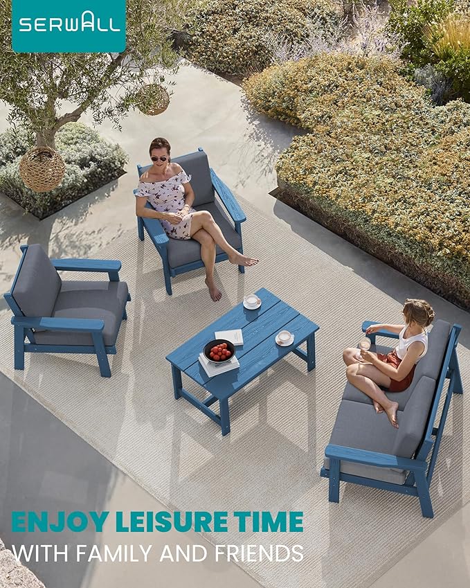SERWALL 4 Piece HDPE Outdoor Furniture Set, All Weather Wood-Like Outdoor Sofa Sectional Couch - Photo 9