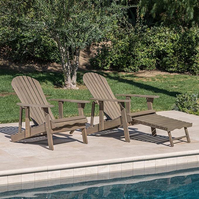 GDFStudio Noble House Hayle Reclining Wood Adirondack Chair w/Footrest (Set of 2) Grey