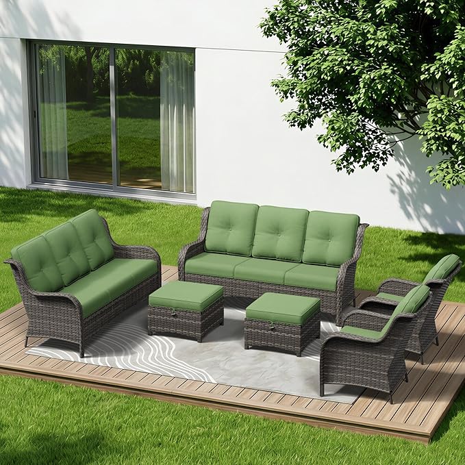 6 Piece Outdoor Wicker Patio Furniture Set, Patio Chairs Set with Thickened Olefin Cushions, High Back and Deep Seating, Hand-Woven PE Rattan, Ottoman for Porch, Deck