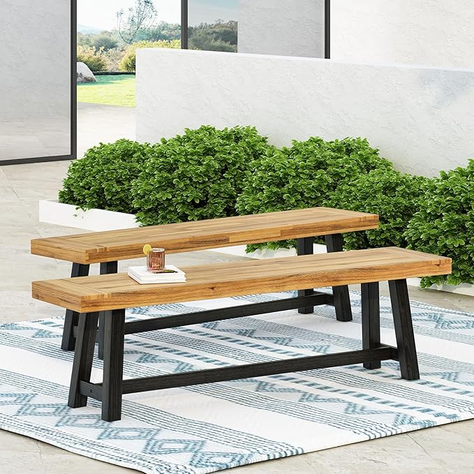 Merax 2-Piece Acacia Wood Outdoor Benches Set, 63" Rustic Patio Bench with Sandblast Teak Finish and H-Stretcher Design - Photo 3