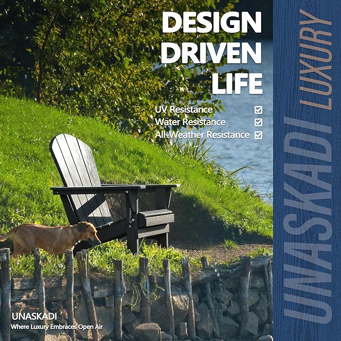Outdoor Folding Adirondack Chair Set of 1 for Patio Fire Pit, Wooden Textured HDPE Adjustable Chairs with Cup Holder, Waterproof All Weather Resistant Plastic for Pool Lawn Garden Backyard(Gray)