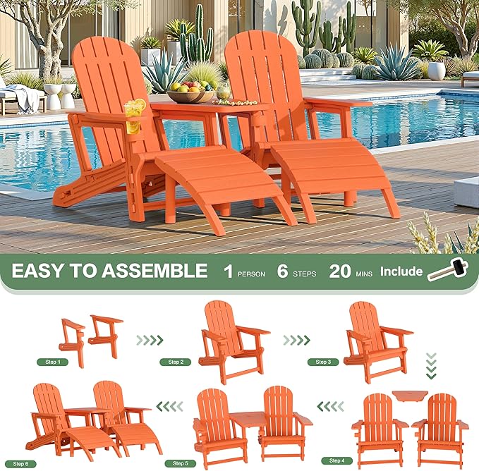 JY QAQA Outdoor Adirondack Chair Set of 2 with Detachable Table & Ottoman, All-Weather HDPE Patio Furniture with Wood Texture & Cup Holder for Patio, Poolside, Garden, Orange
