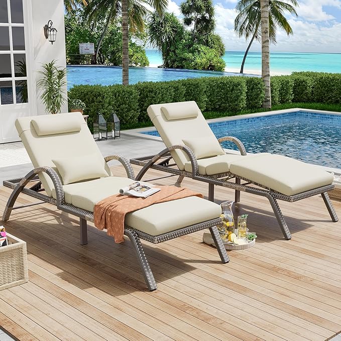 MEISSALIVVE Outdoor Lounge Chairs Set of 2, Patio Chaise Loungers with Adjustable 5-Position & Leg Support, PE Rattan Chaise Lounge, Wicker Pool Recliners Chair for Backyard, Porch, Deck,（Brown