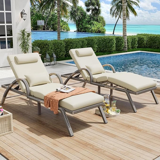 MEISSALIVVE Outdoor Lounge Chairs Set of 2, Patio Chaise Loungers with Adjustable 5-Position & Leg Support, PE Rattan Chaise Lounge, Wicker Pool Recliners Chair for Backyard, Porch, Deck,（Brown