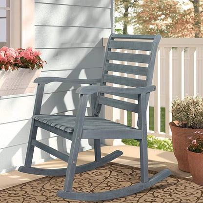 Eyely KCR101B Carrie Modern Slat-Back 300-Lbs Support Acacia Wood Patio Outdoor Rocking Chair for Garden, Lawn, Backyard, Pool, Deck, Beach, Firepit, Gray