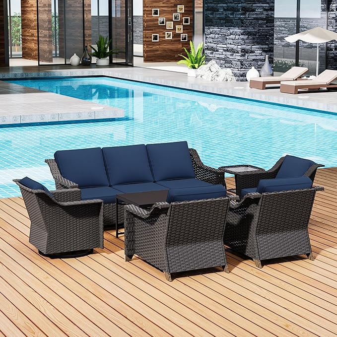 7 Pieces Outdoor Conversation Furniture Set - 77" Patio Sofa, 2 Armchairs, 2 Swivel Glider Chairs, 1 Side Table - Photo 6