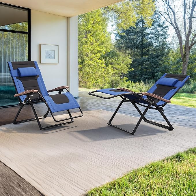 PURPLE LEAF Extra Wide Outdoor Reclining Chair Set of 2 Patio Zero Gravity Chaise Lounge Folding Chair with Quilted Cushion Adjustable Headrest for Lawn Camping Beach Pool Navy Blue and Black