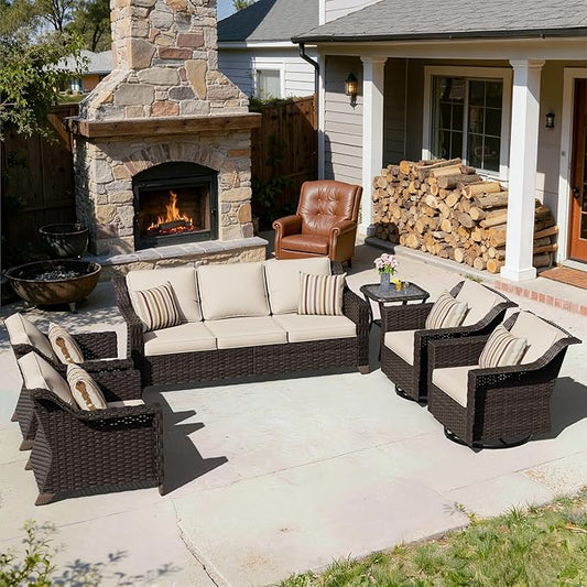 6 Pieces Patio Conversation Furniture Set - 1 Sofa, 2 Swivel Chairs, 2 Armchairs, 1 Side Table, Outdoor Wicker Furniture with Removable Cushions for Porch, Balcony, Sunroom (Beige)