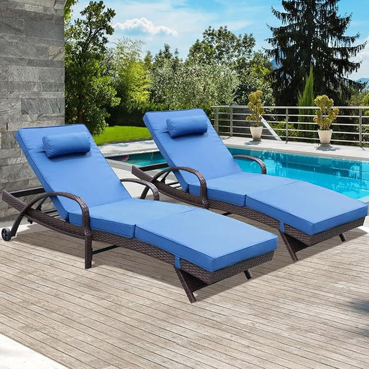 NOBLEMOOD Outdoor Lounge Chairs Set of 2 Beach Wicker Chaise Lounge with Wheels, Cushion, Adjustable Backrest for Outside Pool Sun Shelf Tanning Bathing (Blue)