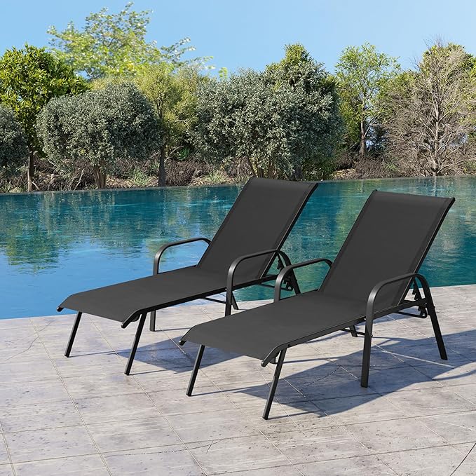 Crestlive Outdoor Chaise Lounge Chair,5-Position Pool Lounge Chairs with Armrests Sunbathing Recliner for Patio,Beach,Deck,Yard (2PC Black)
