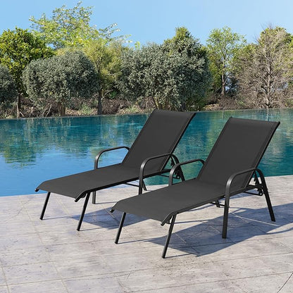 Crestlive Outdoor Chaise Lounge Chair,5-Position Pool Lounge Chairs with Armrests Sunbathing Recliner for Patio,Beach,Deck,Yard (2PC Black)