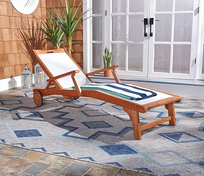 SAFAVIEH Outdoor Collection Kamson Natural Brown Solid Wood/Beige Fabric Adjustable Chaise Lounge Chair (PAT7071A) - Photo 2