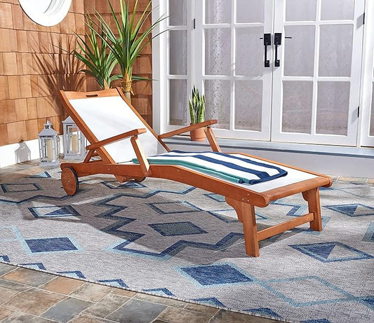 SAFAVIEH Outdoor Collection Kamson Natural Brown Solid Wood/Beige Fabric Adjustable Chaise Lounge Chair (PAT7071A)