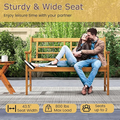 Tangkula Patio Acacia Wood Bench, Wooden 2-Person Outside Chair w/Curved Armrests, Slatted Seat & Backrest, Outdoor Loveseat for Backyard, Balcony, Garden, 800 lbs Max Load