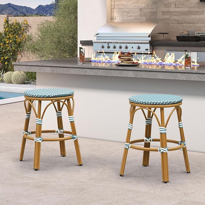 PURPLE LEAF Patio French Round Counter Stool 26" Set of 2 Large Seat Backless Handwoven Wicker Rattan Barstools Bamboo Finish Aluminum Frame for Indoor Outdoor Bistro Cafe Soft Blue