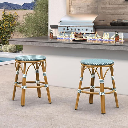 PURPLE LEAF Patio French Round Counter Stool 26" Set of 2 Large Seat Backless Handwoven Wicker Rattan Barstools Bamboo Finish Aluminum Frame for Indoor Outdoor Bistro Cafe Soft Blue