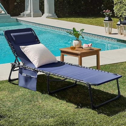 Greesum Chaise Lounge Folding Tanning Chair with 5 Position Adjustable Back, Detachable Pillow & Pocket Outside Pool, Beach, Sunbathing, Blue