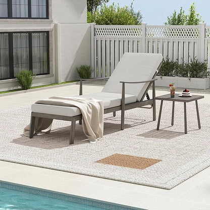 HAPPATIO Outdoor Chaise Lounge Set of 2, Aluminum Pool Lounge Chair with Adjustable Backrest, Cushion, Curved Armrest, and Side Table, Outdoor Lounge Chair for Beach, Yard, or Poolside (Grey)