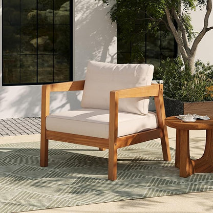 Christopher Knight Home Grice Acacia Wood Lounge Chair Outdoor with Removable Cushion, Wooden Patio Accent Chair with Open Frame Design, Outdoor Armchair for Patio Furniture Set, Beige + Teak