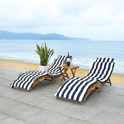 SAFAVIEH Outdoor Collection Pacifica Natural Brown Solid Wood/Navy & White Stripe Cushion 3-Piece Chaise Lounge Set with Table (PAT7020F)