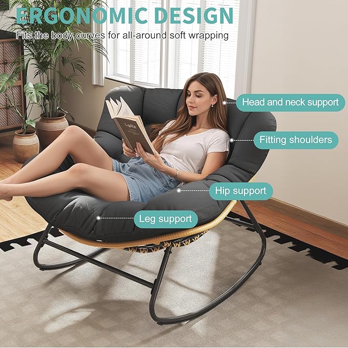 Fancyango Oversized Egg Rocking Chair for Indoor/Outdoor – All-Weather Wicker Rattan Lounge Chair with Cushion, Patio Rocker for Porch, Garden, or Balcony (Dark Grey1, 37.8" D x 36.6" W x 33" H)