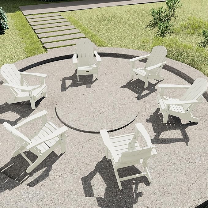 SERWALL Folding Adirondack Chair Set of 6, Weather Resistant HIPS Lawn Chairs for Backyard, Garden - White