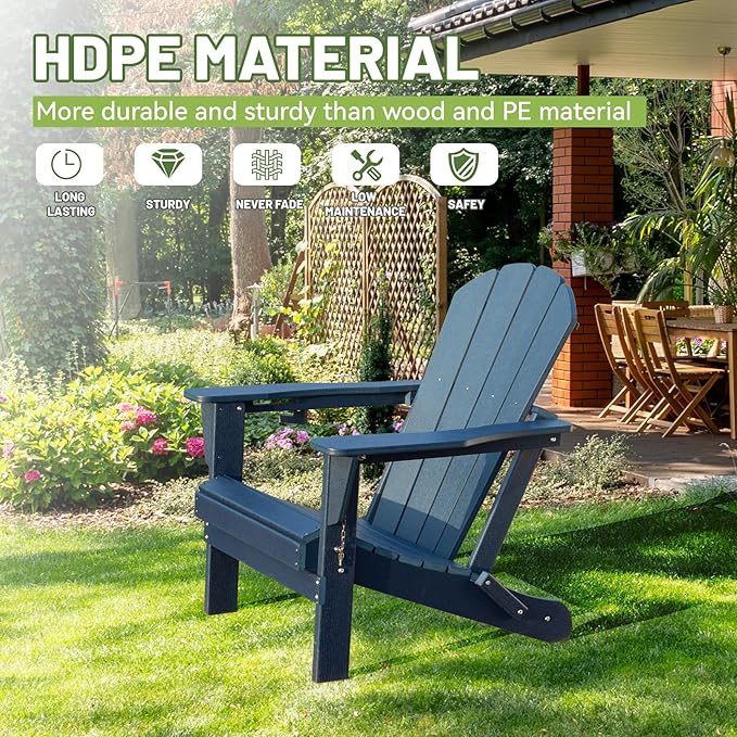 Adirondack Chair, Plastic Adirondack Chairs, HDPE Adirondack Chair, Folding Adirondack Chairs,Outdoor Chairs with Cup Holder for Lawn Patio Deck Fire Pit -Dark Blue