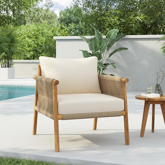 Christopher Knight Home Posey Modern Patio Wooden Club Chair with Rope Woven Armrest&Backrest - Photo 4
