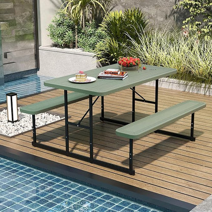 Giantex Picnic Table Bench Set for 4 People, 4.5FT Outdoor Rectangular Dining Table & 2 Benches w/Umbrella Hole, HDPE Tabletop, Metal Frame, Patio Garden Backyard Poolside, Green