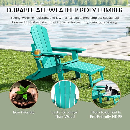 WestinTrends Malibu Folding Adjustable Adirondack Chair with Retractable Ottoman and Cup Holder (Set of 2), Turquoise