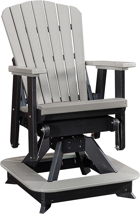 DutchCrafters Slat Fan Back Poly Balcony Adirondack Swivel Glider with Footrest Outdoor Patio Chair (Black & Light Gray)