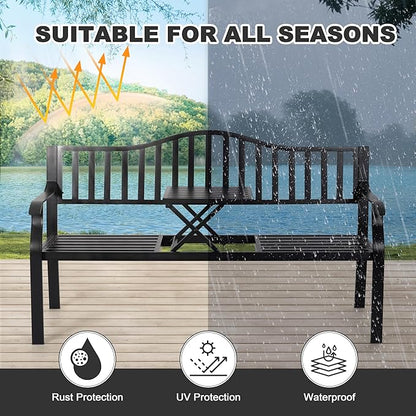 NUU GARDEN Outdoor Garden Bench with Built-in Small Table, E-Coated Metal Patio Bench for Porch, Lawn, Yard, Garden, Poolside, Black