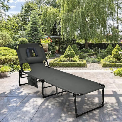 GYMAX Tanning Chair, Folding Beach Lounger with Face Arm Hole, Adjustable Backrest, Side Pocket, Pillow & Carry Handle, Outside Sunbathing Lounge Chair for Patio, Poolside, Lawn (2, Gray)